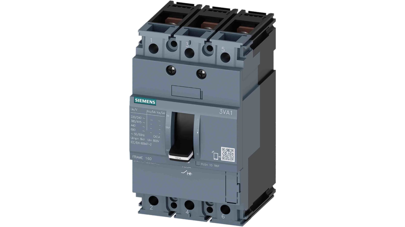 Siemens SENTRON 3VA1, Leistungsschalter MCCB 3-polig, 80A / Abschaltvermögen 36 kA 690V 500V, L. 76.2mm