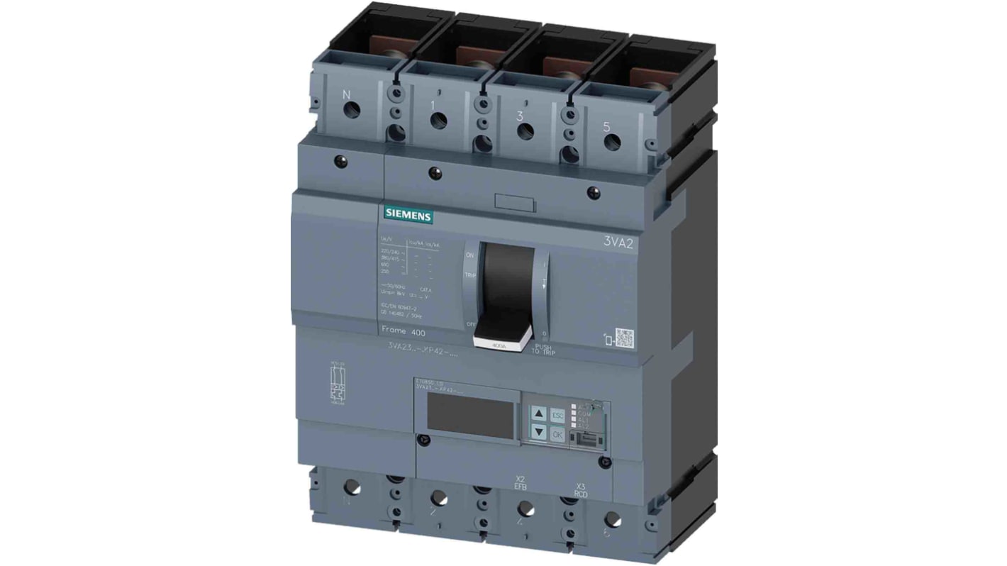 MCCB Siemens, 4 Polos, 400A, Capacidad de Ruptura 55 kA, Montaje fijo, SENTRON, 3VA2