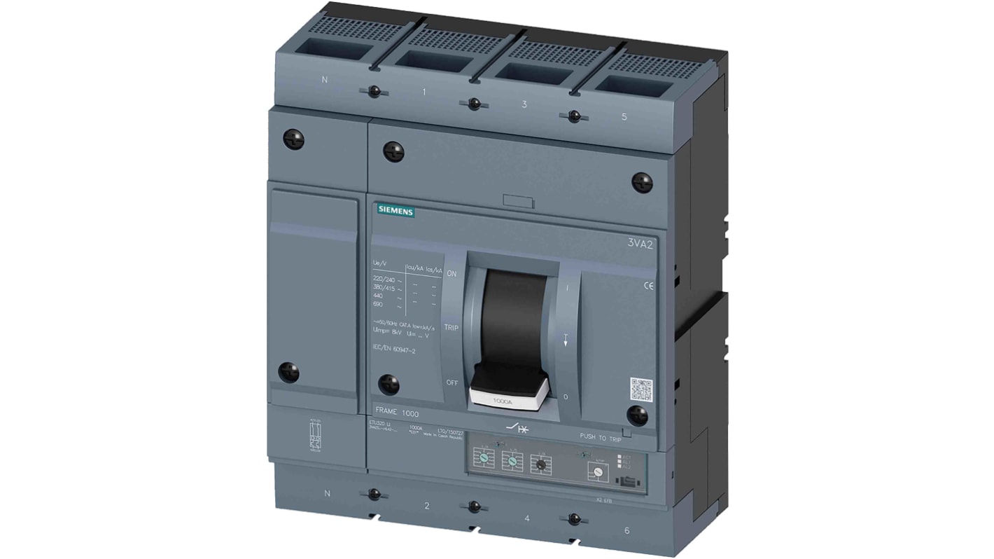 MCCB Siemens, 4 Polos, 630A, Capacidad de Ruptura 55 kA, Montaje fijo, SENTRON, 3VA2