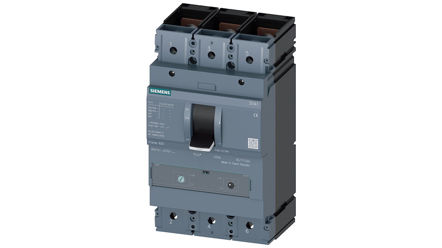 Siemens, 3VA1 MCCB 3P 630A, Breaking Capacity 36 kA, Fixed Mount