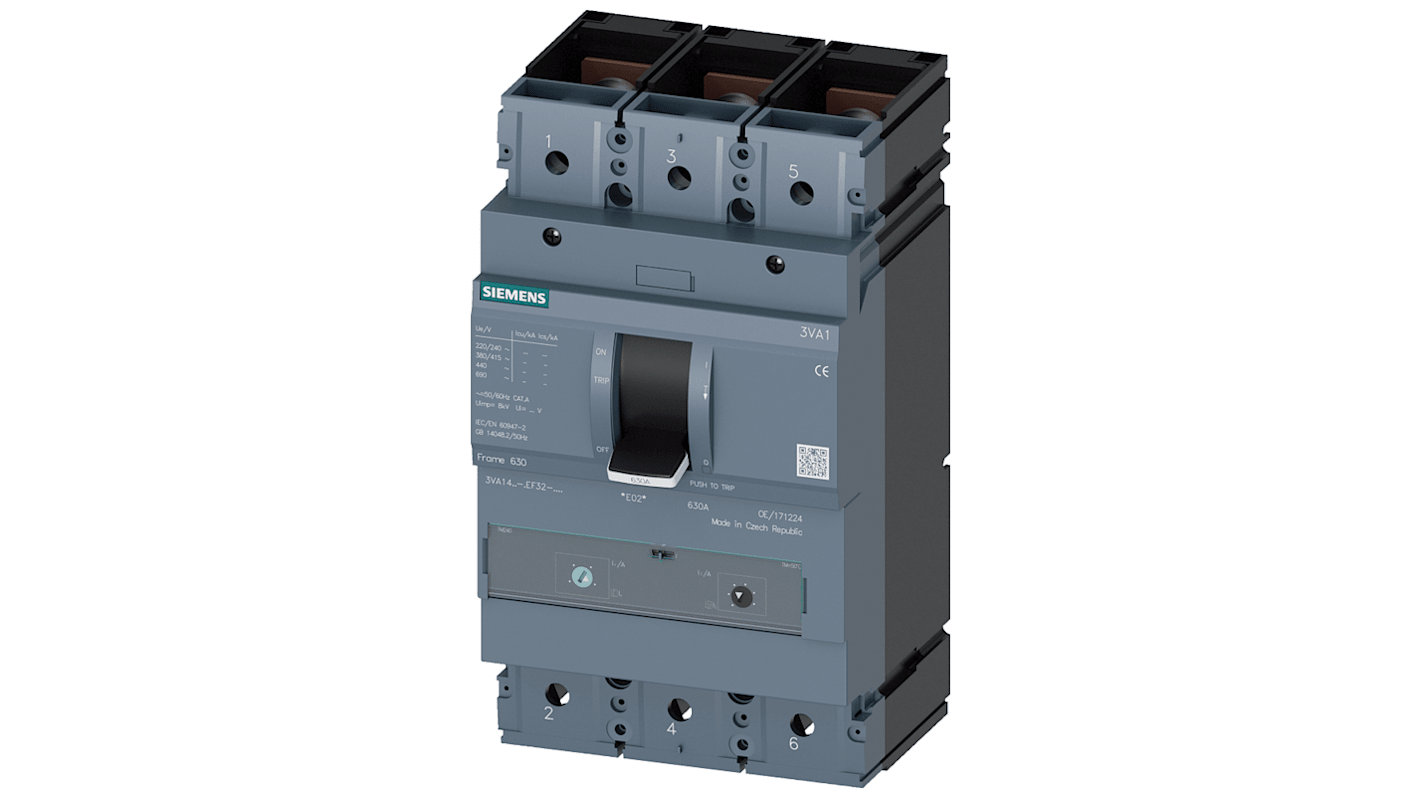 MCCB Siemens, 3 Polos, 630A, Capacidad de Ruptura 36 kA, Montaje fijo, 3VA1, SENTRON