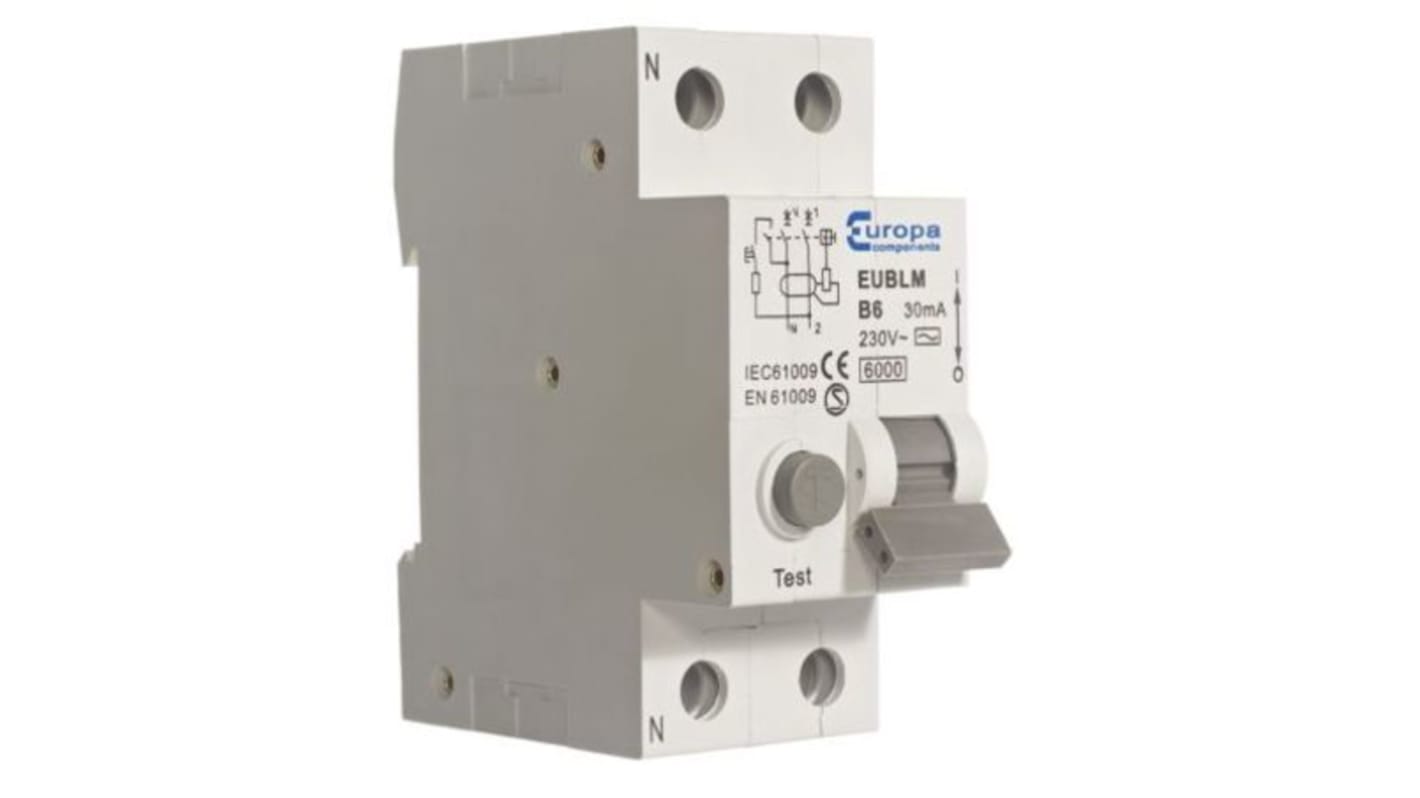 Europa RCBO, 20A Current Rating, 2P Poles, 30mA Trip Sensitivity, Type A, EUBLMC Range