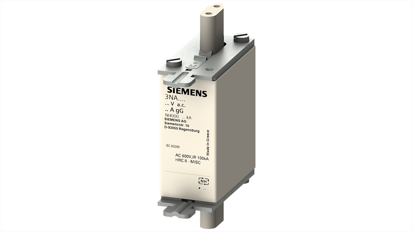 Fusibile con linguette centrate, Siemens, 2A, fusibile NH000, standard IEC 60269, cat. gG 690V