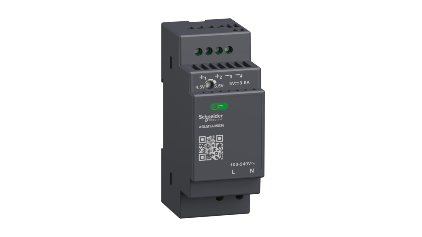 Schneider Electric ABLM1A Switched Mode DIN Rail Power Supply, 100 → 240V ac ac Input, 5V dc dc Output, 3.6A