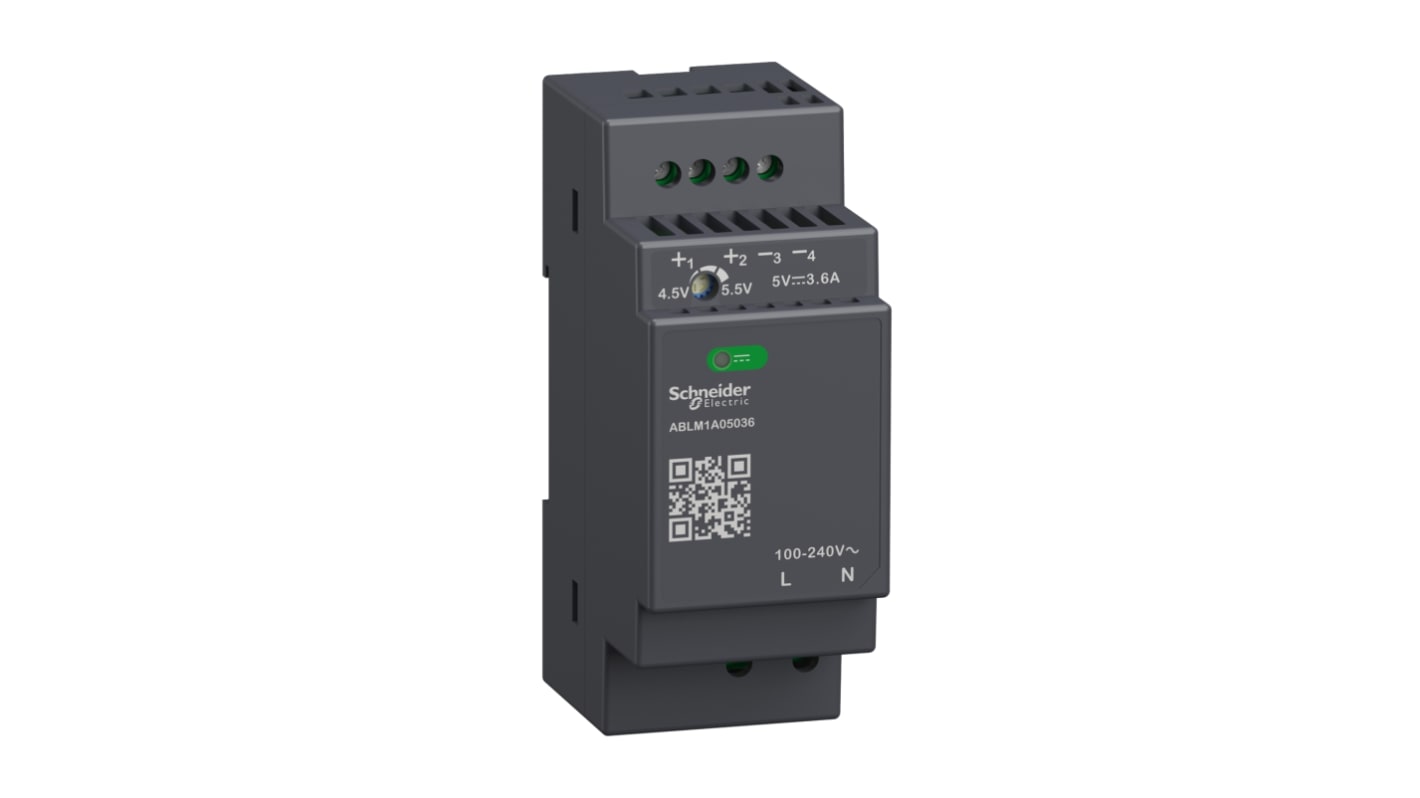 Schneider Electric ABLM1A DIN Rail Power Supply, 100 → 240V ac ac Input, 5V dc dc Output, 3.6A Output, 18W