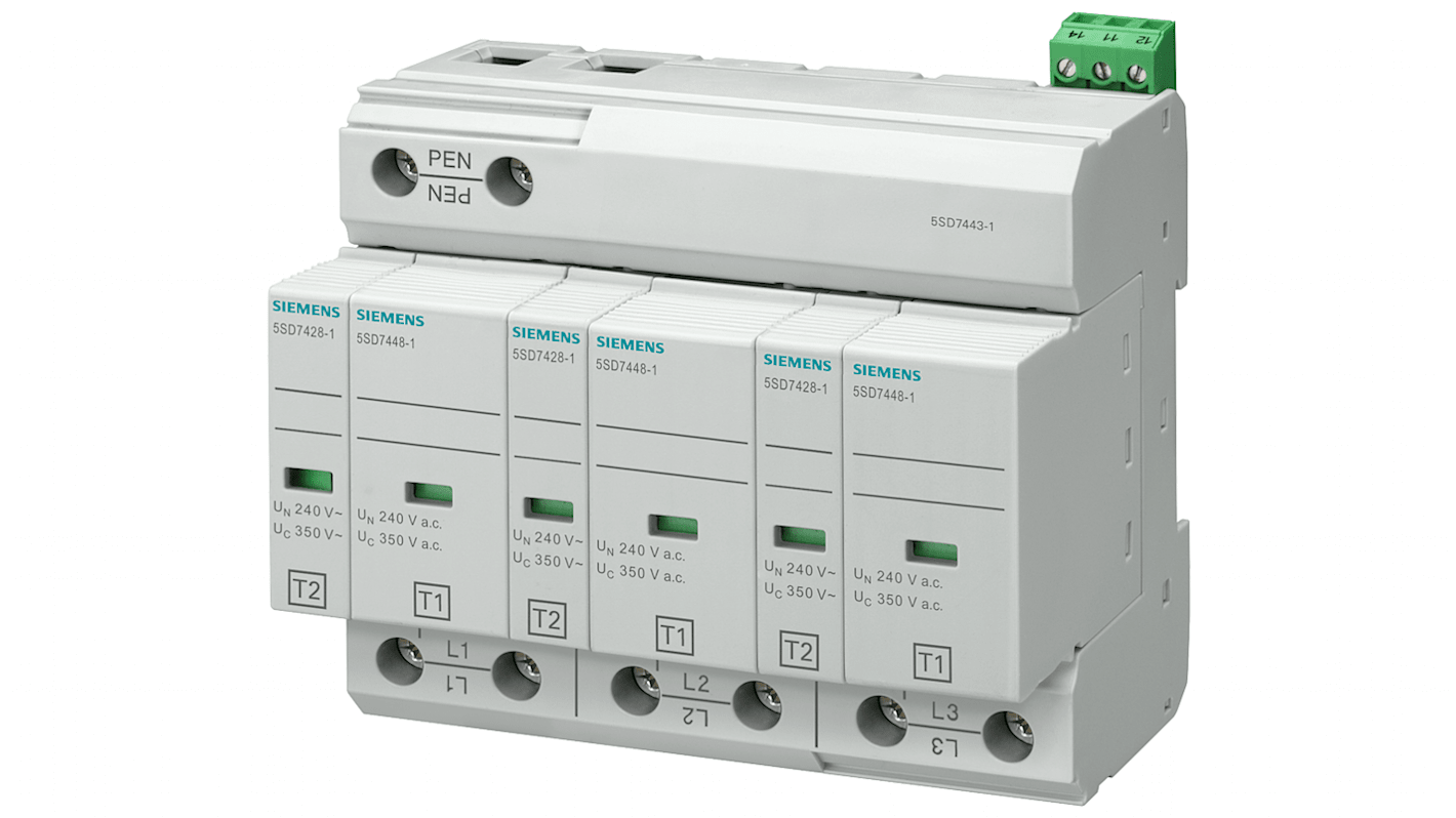 Ochronnik przepięciowy 3-fazowy, 25kA, montaż Szyna DIN, -40 → +80 °C., Siemens 5SD