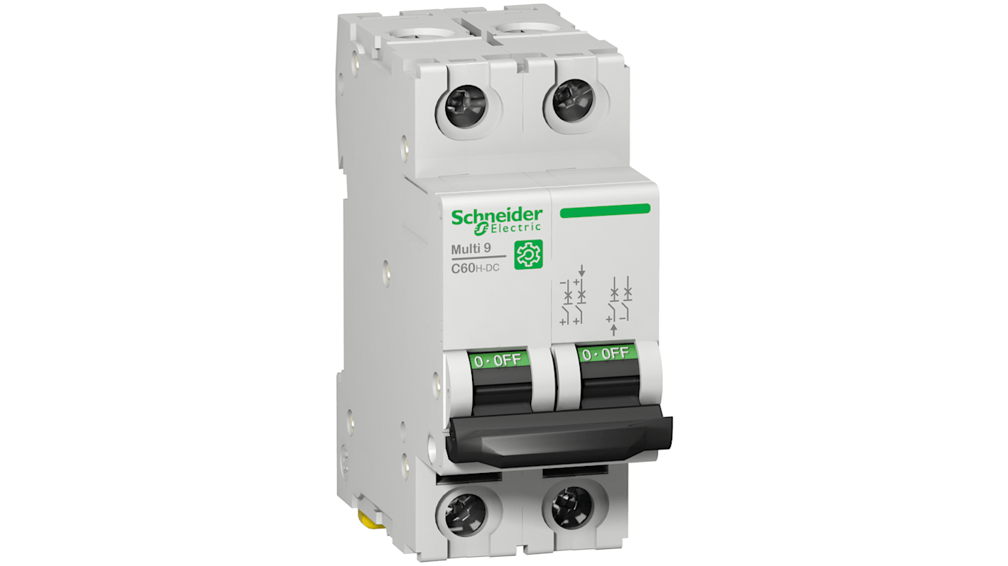 Disjoncteur Schneider Electric C60H-DC 2P, 63A, pouvoir de coupure 15 kA, montage rail DIN