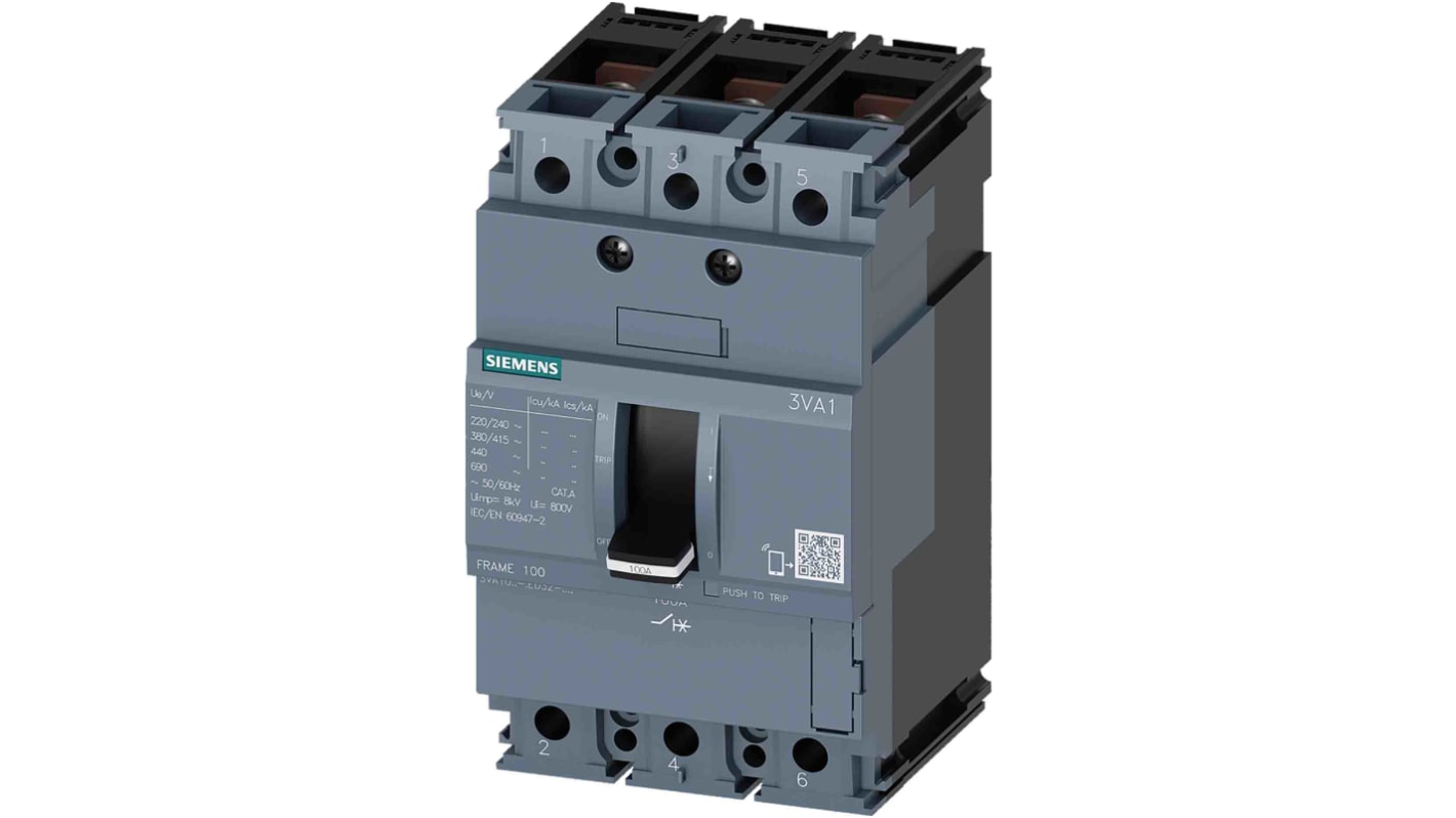 Siemens 0AA0 3VA10, Leistungsschalter MCCB 3-polig, 100A / Abschaltvermögen 25 kA 690V 500V, Fest