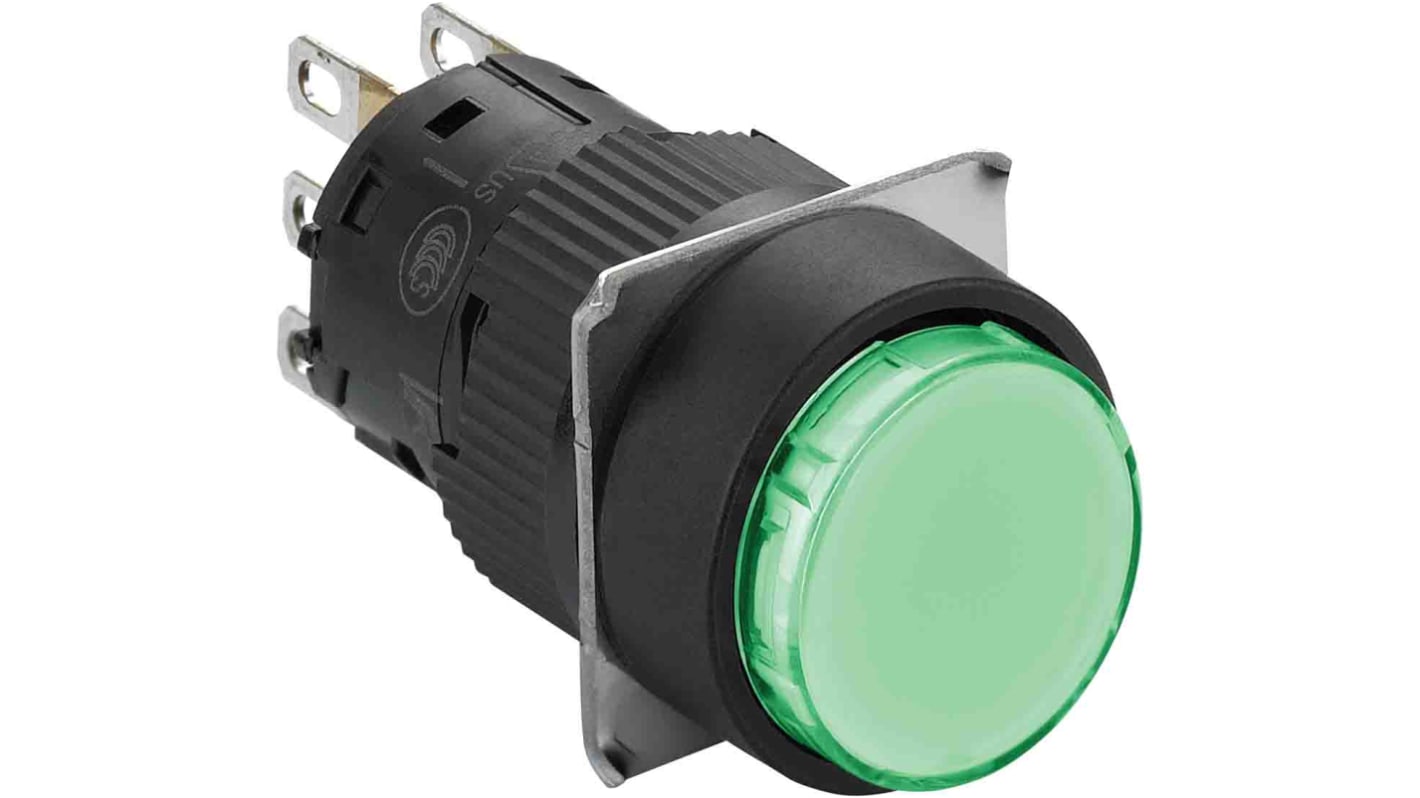 Unidad completa de botón pulsador Schneider Electric XB6E, color de botón Verde, SPST, IP65, iluminado