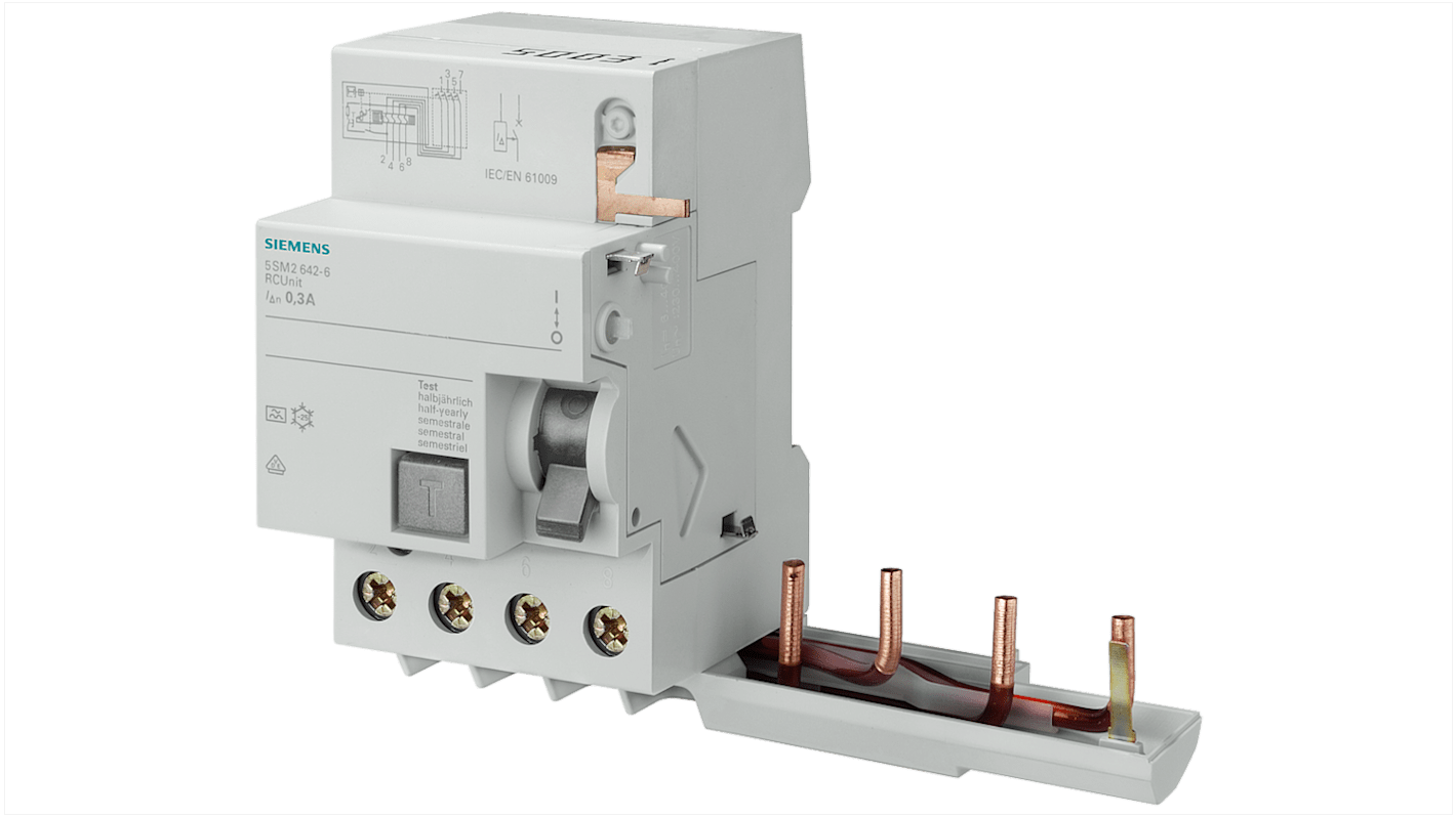 Interruptor automático y diferencial 4P, 63A, Sensibilidad 300mA, Montaje en Carril DIN, SENTRON