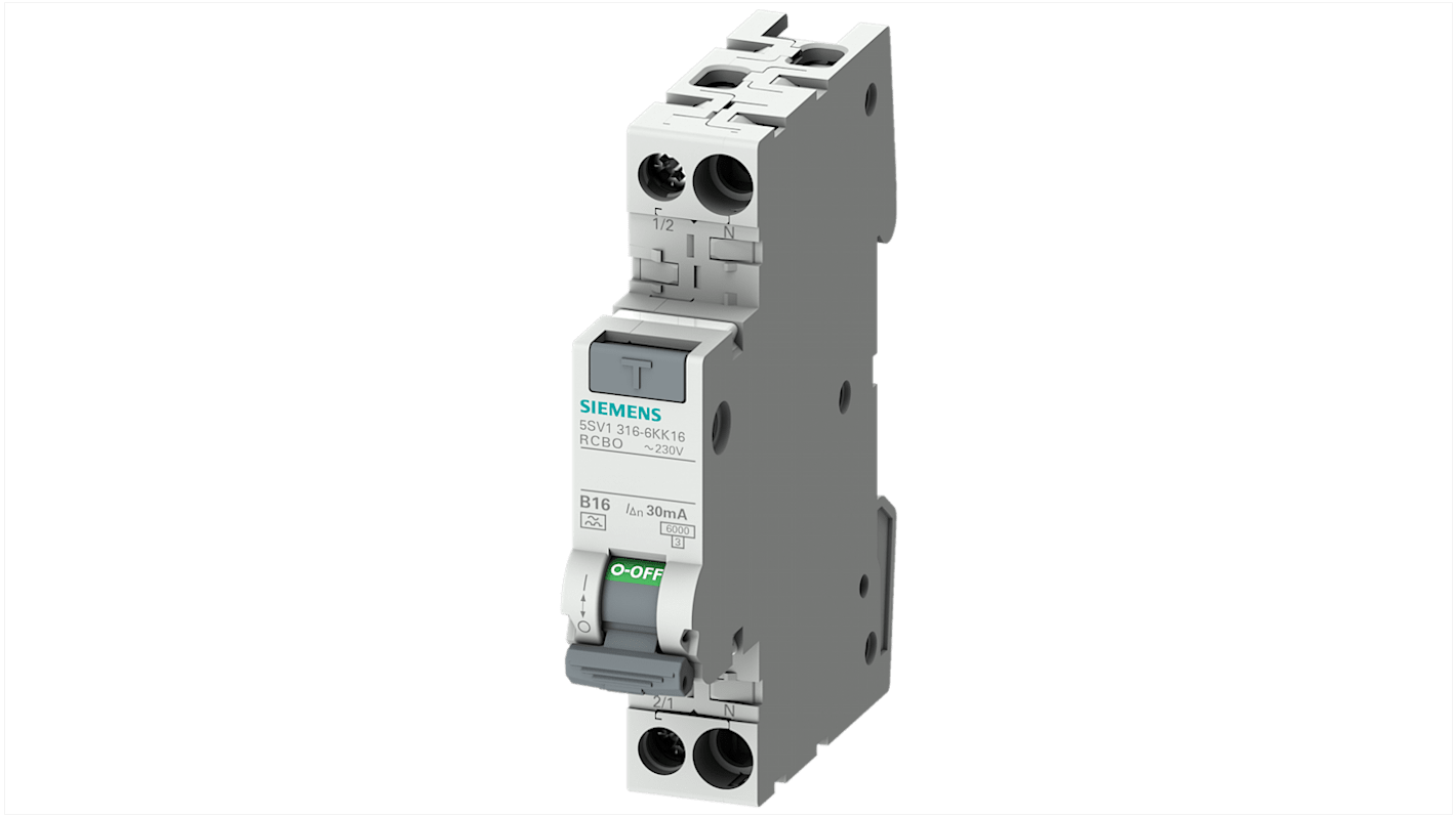 Interruptor automático y diferencial 2P, 6A, Sensibilidad 30mA, Curva Tipo A, SENTRON