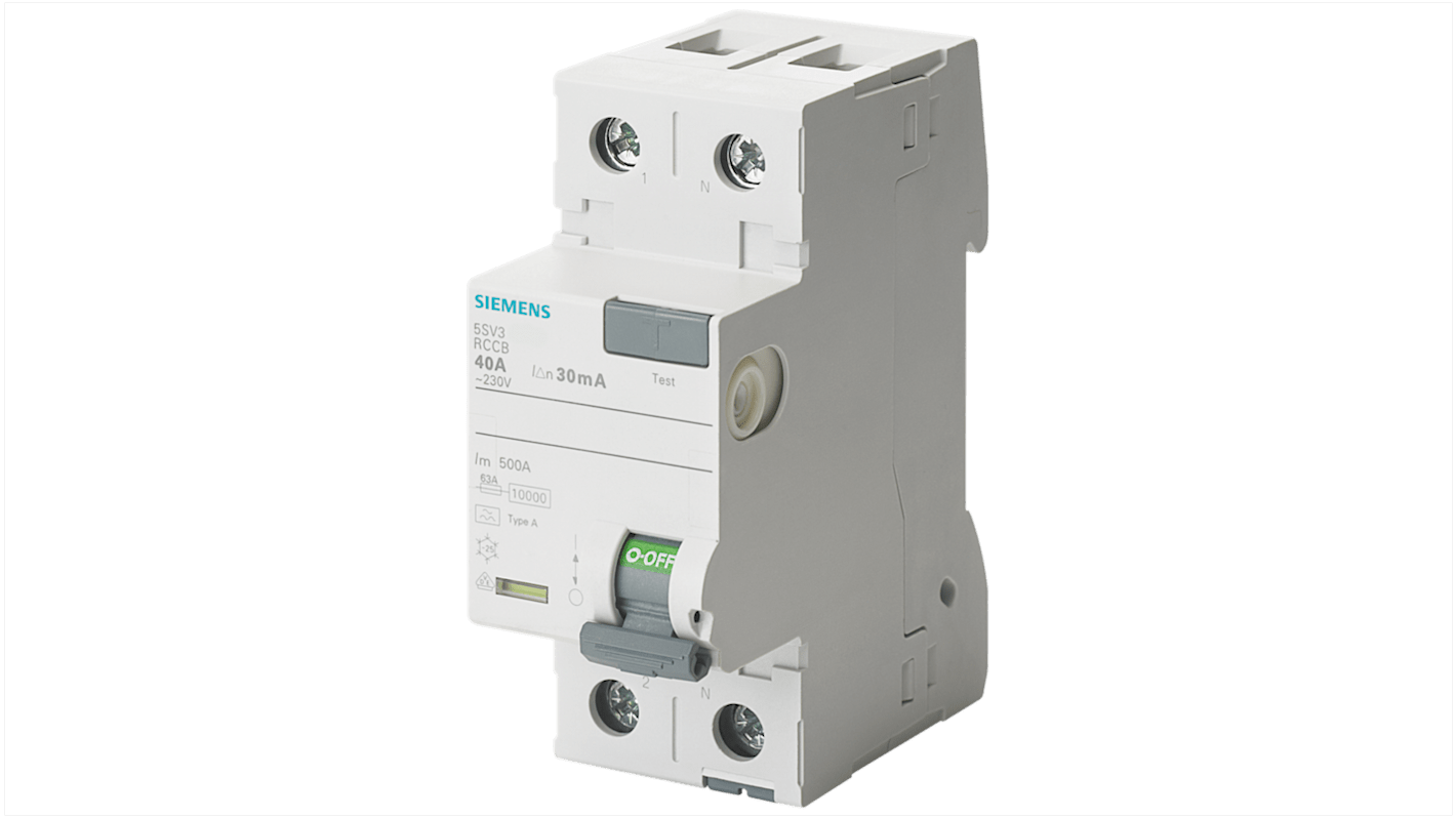 Siemens RCCB 2 pólusú A típusú, 63A, 30mA, 5sV3 sorozat SENTRON 230V ac