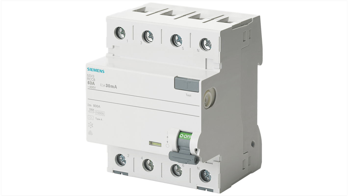 Siemens RCCB 4 pólusú A típusú, 40A, 300mA, 5SV3 sorozat SENTRON 400V ac