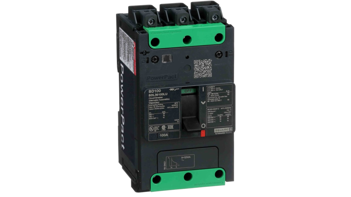 Schneider Electric, PowerPact MCCB 3P 100A, Breaking Capacity 14 kA, Fixed Mount