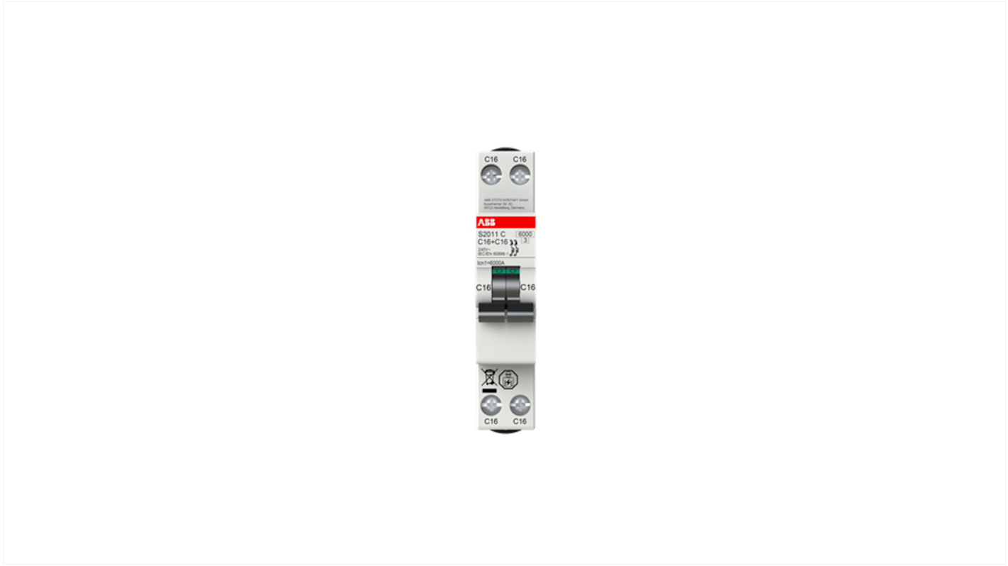 Interruptor automático 2P, 6A, Curva Tipo B, Poder de corte 6 kA S2011C-B6, Montaje en Carril DIN