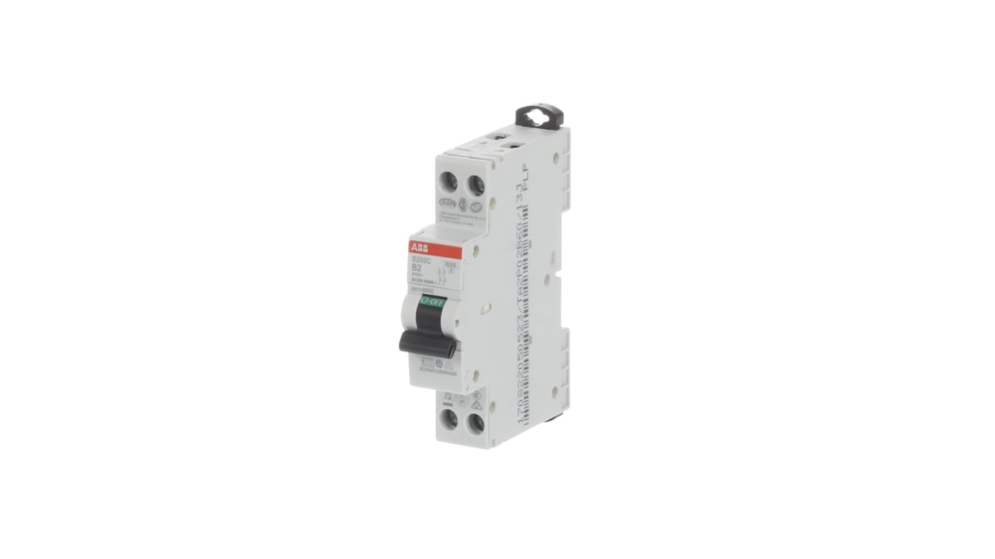 ABB S200C MCB, 2P, 2A Curve B, 415V AC, 6 kA Breaking Capacity