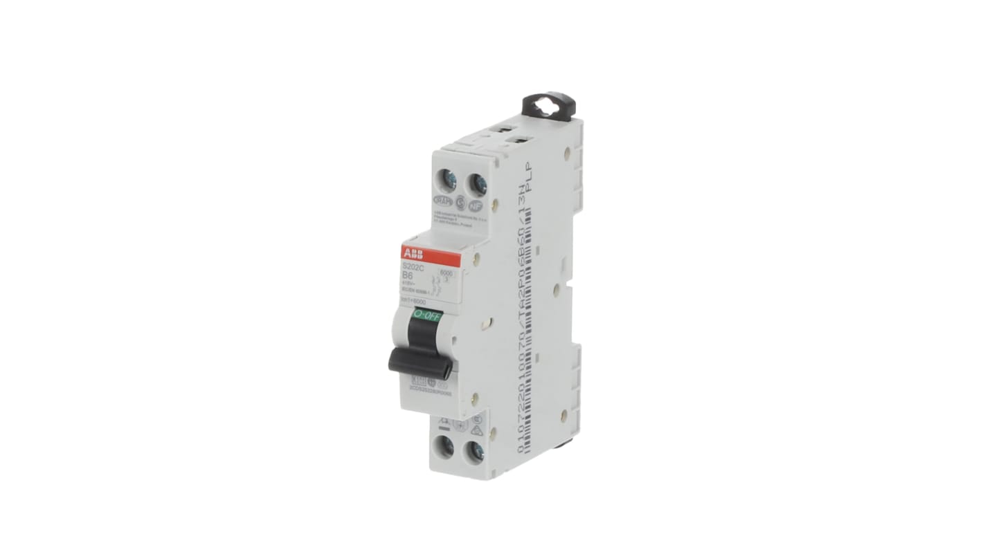 Disjoncteur ABB S200C 2P, 6A, pouvoir de coupure 6 kA, montage rail DIN