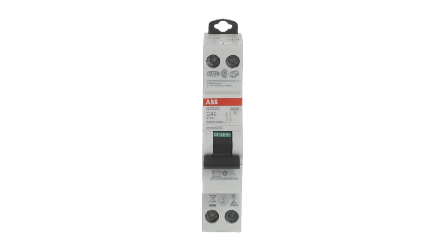 ABB S200C MCB, 2P, 40A Curve C, 415V AC, 6 kA Breaking Capacity