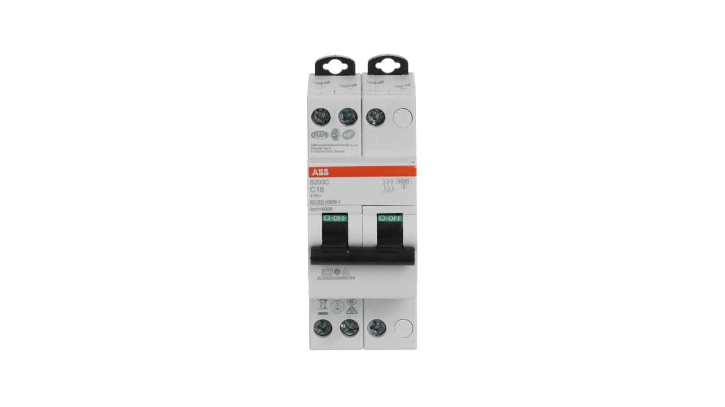 ABB S200C MCB, 3P, 16A Curve C, 415V AC, 6 kA Breaking Capacity