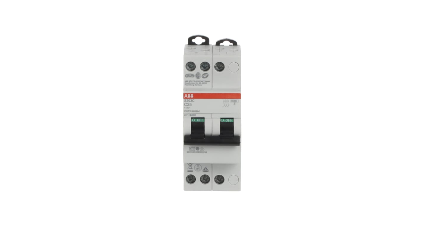 ABB S200C MCB, 3P, 25A Curve C, 415V AC, 6 kA Breaking Capacity