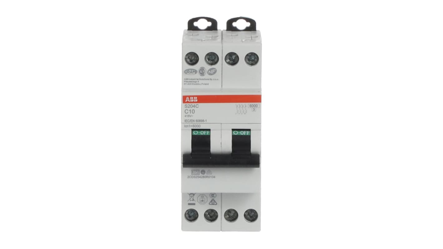 Disjoncteur ABB S200C 4P, 10A, pouvoir de coupure 6 kA, montage rail DIN