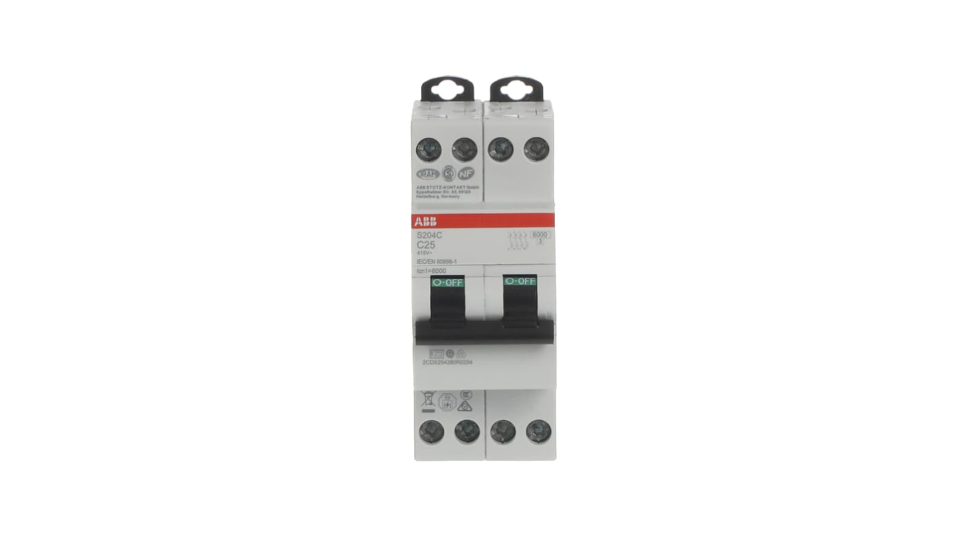 ABB S200C MCB, 4P, 25A Curve C, 415V AC, 6 kA Breaking Capacity