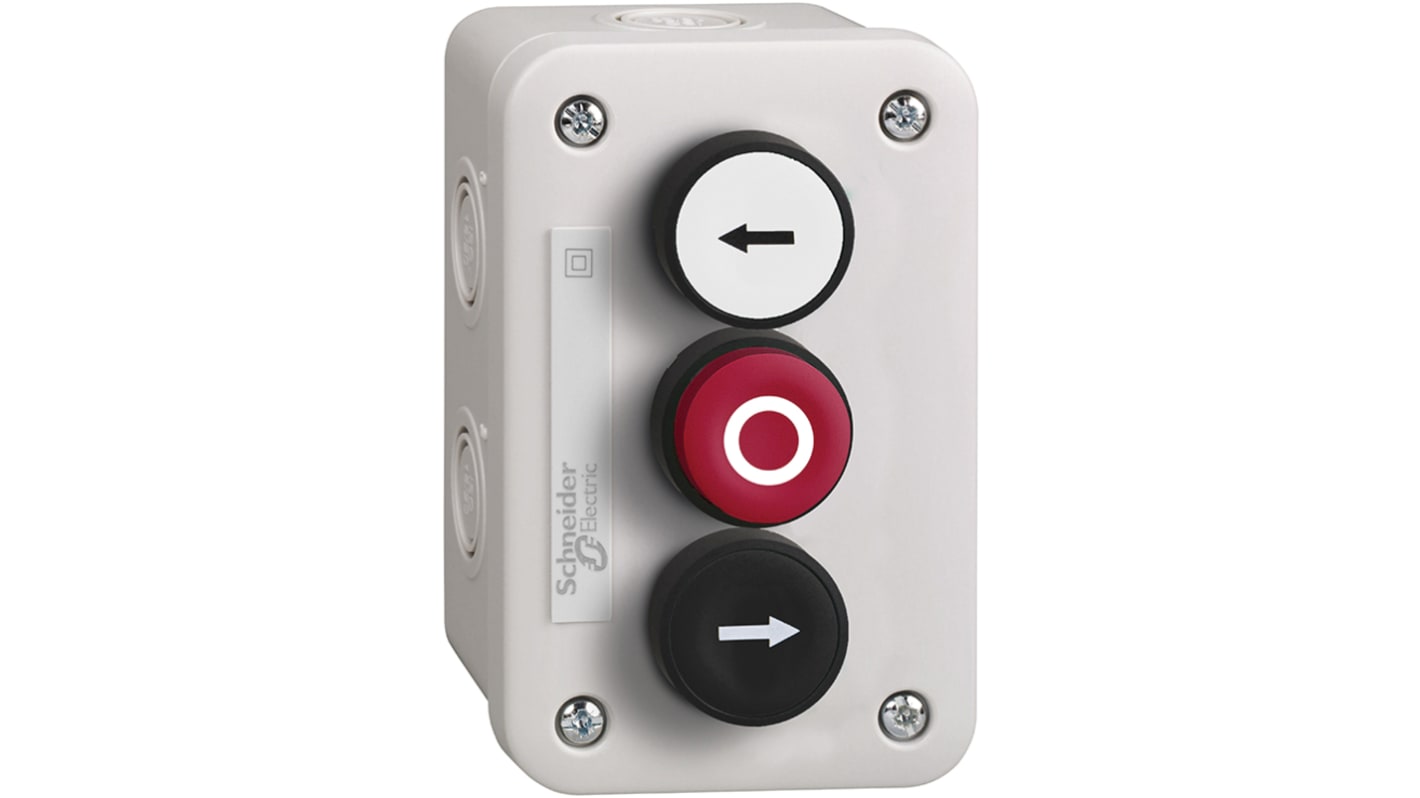 Schneider Electric Push Button Control Station - 1C/O+1C/O+1NC, ABS, 3 Cutouts, Black/Red/White, Arrow, IP54