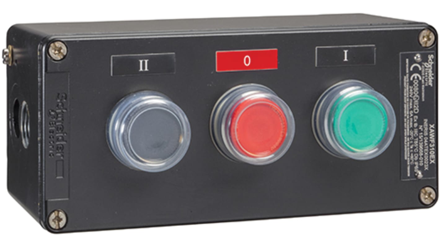 Schneider Electric Push Button Control Station - 2 NO + 1 NC, 3 Cutouts, Green/Red/Black, IP65
