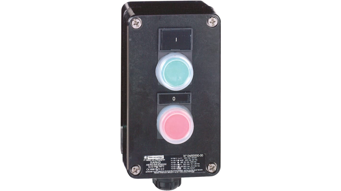 Schneider Electric Push Button Control Station - 1 NO + 1 NC, 2 Cutouts, Red/Green, IP65