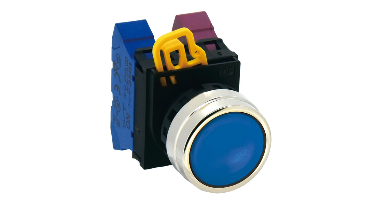 Cabezal de pulsador Idec serie YW4B, Ø 22mm, de color Azul, Momentáneo, IP65