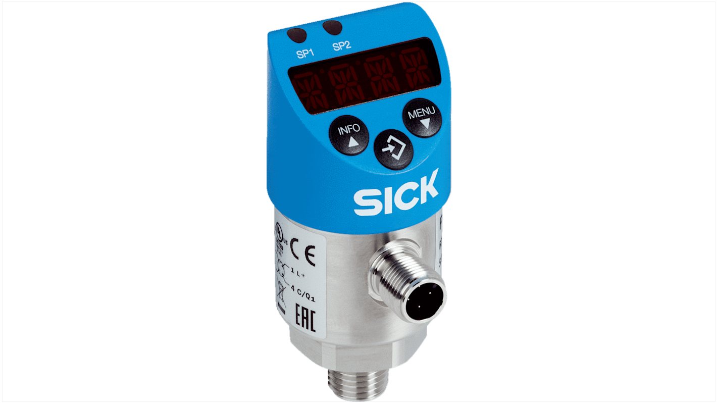 Sensor de presión manométrica Sick, 0bar → 10bar, 15 - 35 V., salida 2X PNP/NPN NA/NC, para Aire, gas, fluido