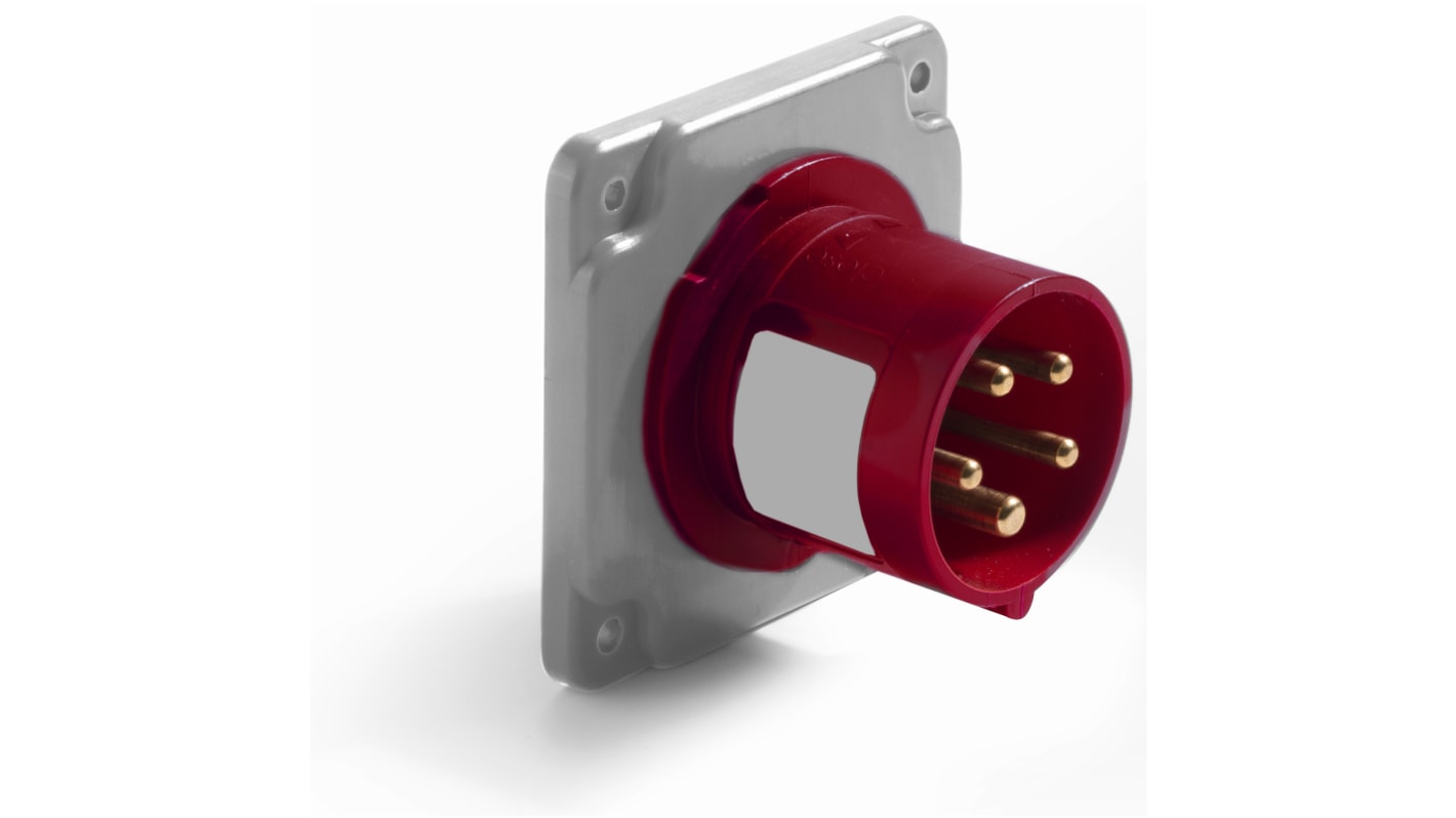 RS PRO IP44 Red Panel Mount 3P + N + E Industrial Power Plug, Rated At 32A, 380 → 415 V