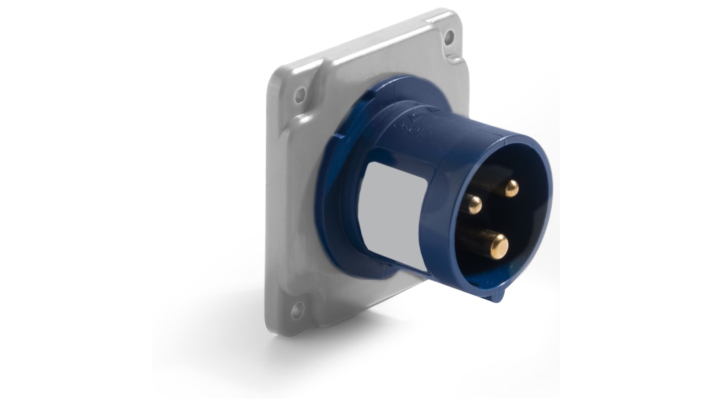 RS PRO IP44 Blue Panel Mount 2P + E Industrial Power Plug, Rated At 16A, 200 → 250 V