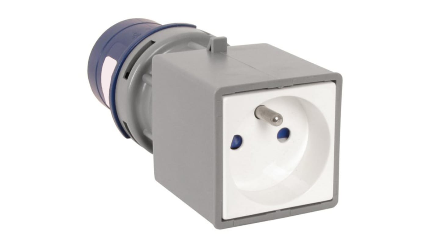 Adaptador para conector de potencia industrial, Formato 2P + E, Orientación Recto, Azul, 230 V, 16A, IP20