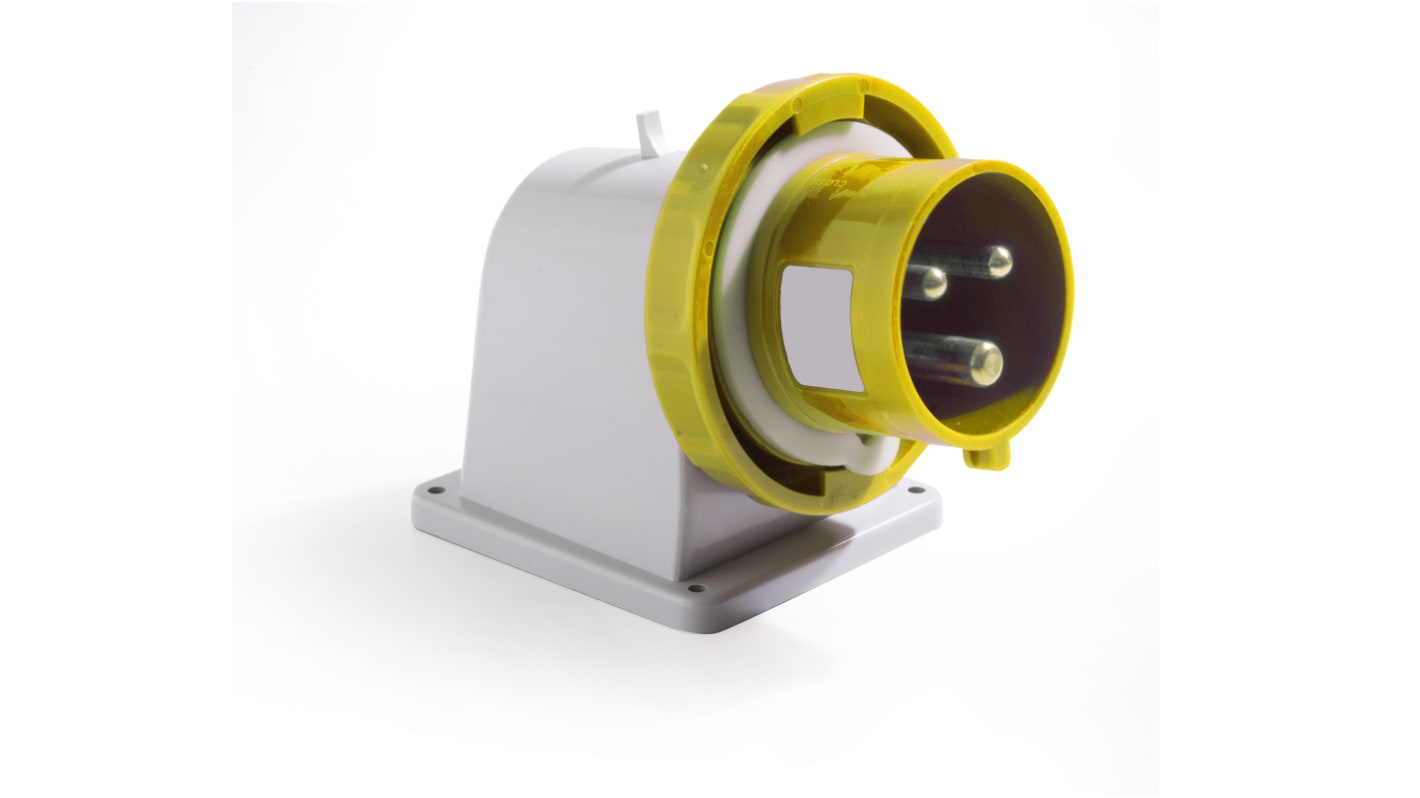 RS PRO IP67 Yellow Wall Mount 2P + E Industrial Power Plug, Rated At 16A, 100 → 130 V