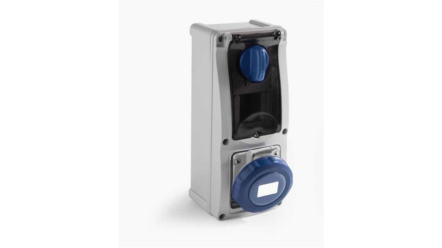 RS PRO IP67 Blue Surface Mount 2P + E Vertical Industrial Power Socket, Rated At 16A, 230 V