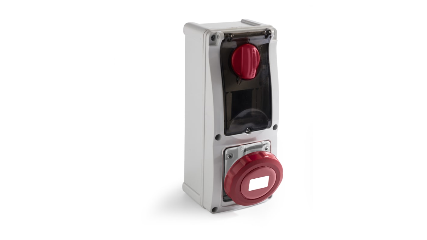 RS PRO IP67 Red Surface Mount 3P + N + E Vertical Industrial Power Socket, Rated At 32A, 400 V