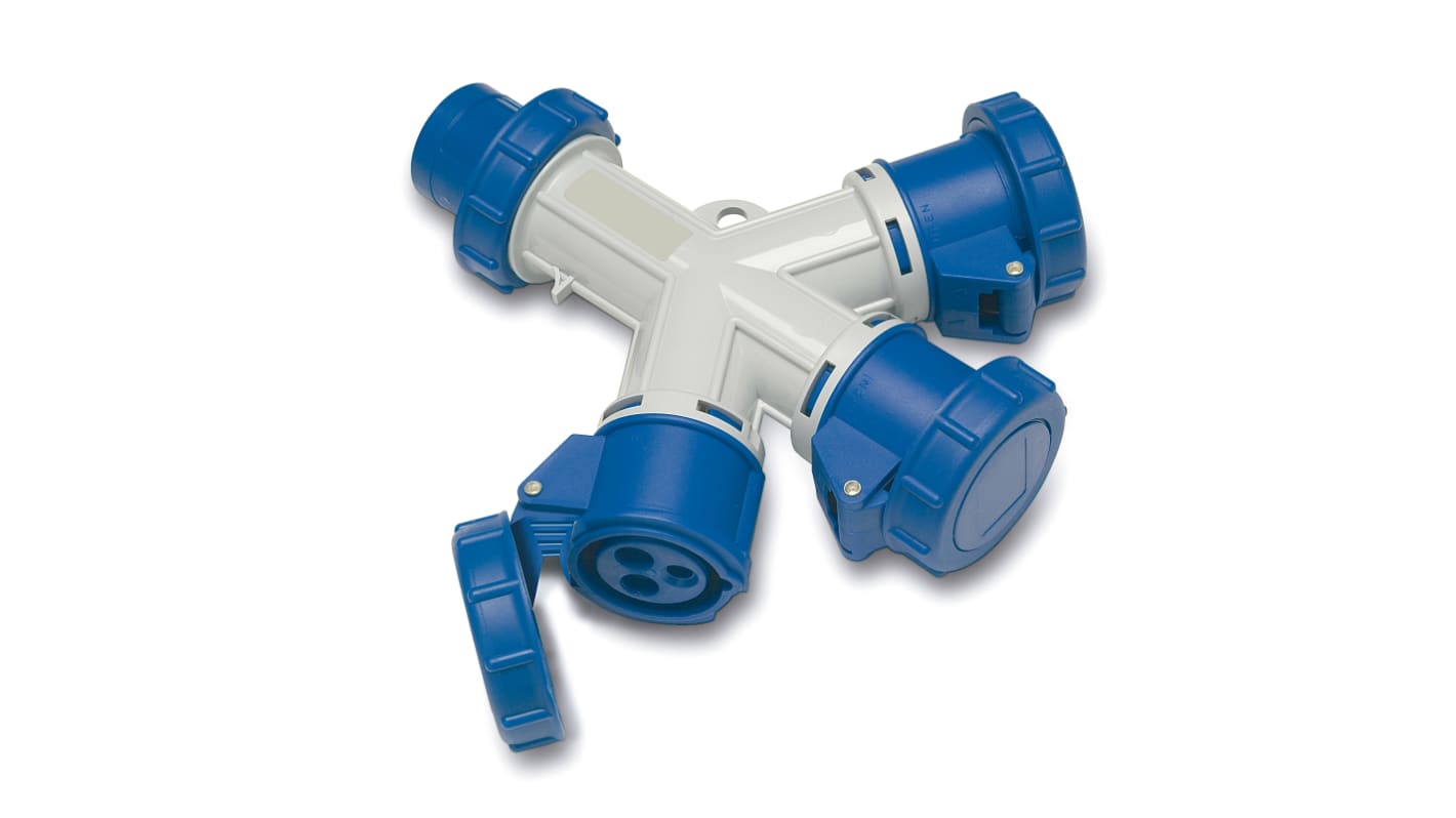 Adaptador para conector de potencia industrial, Formato 2P + E, Orientación Recto, Azul, 230 V, 16A, IP67