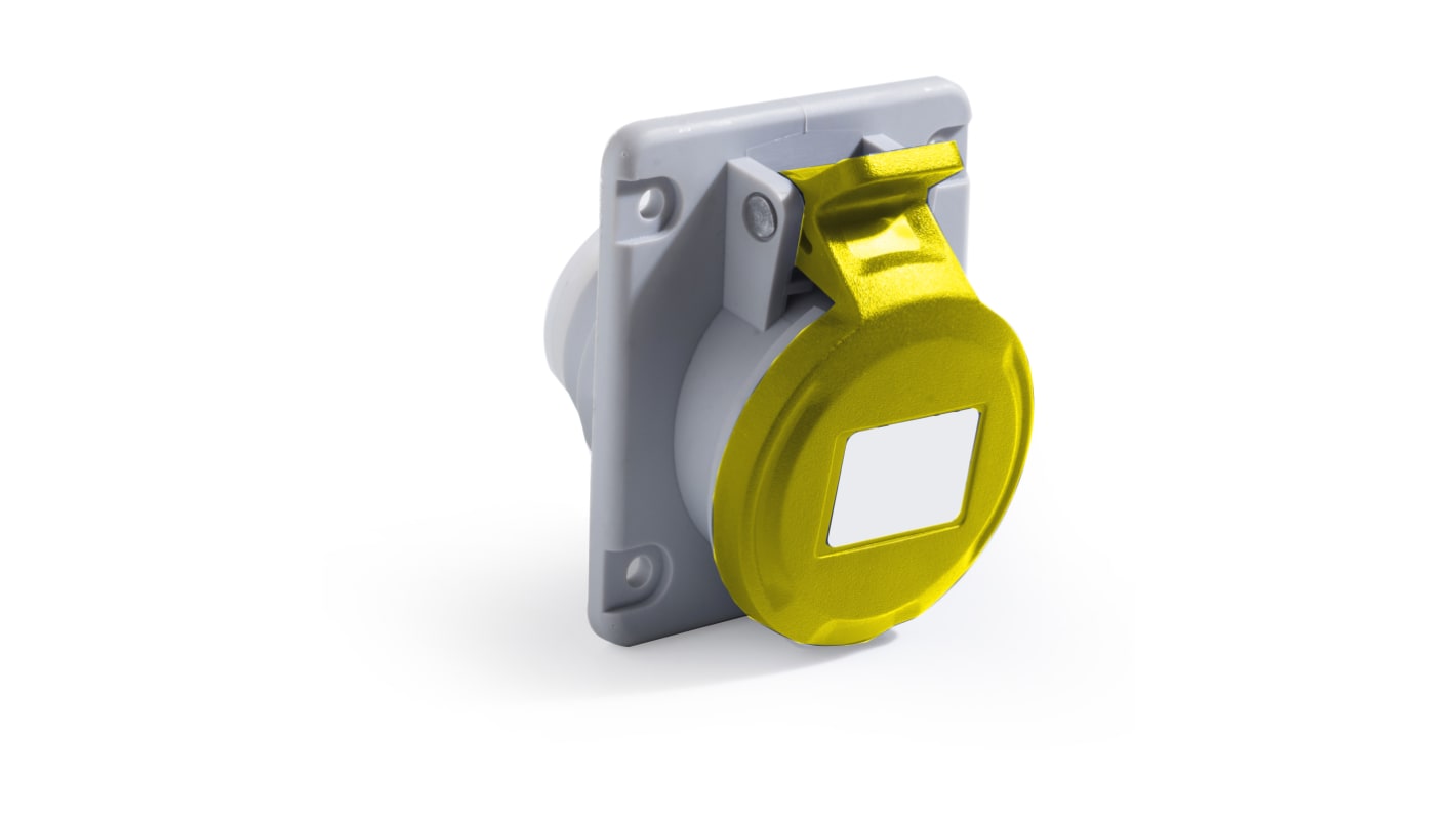 RS PRO IP44 Yellow Panel Mount 2P + E Angled Industrial Power Socket, Rated At 32A, 100 → 130 V