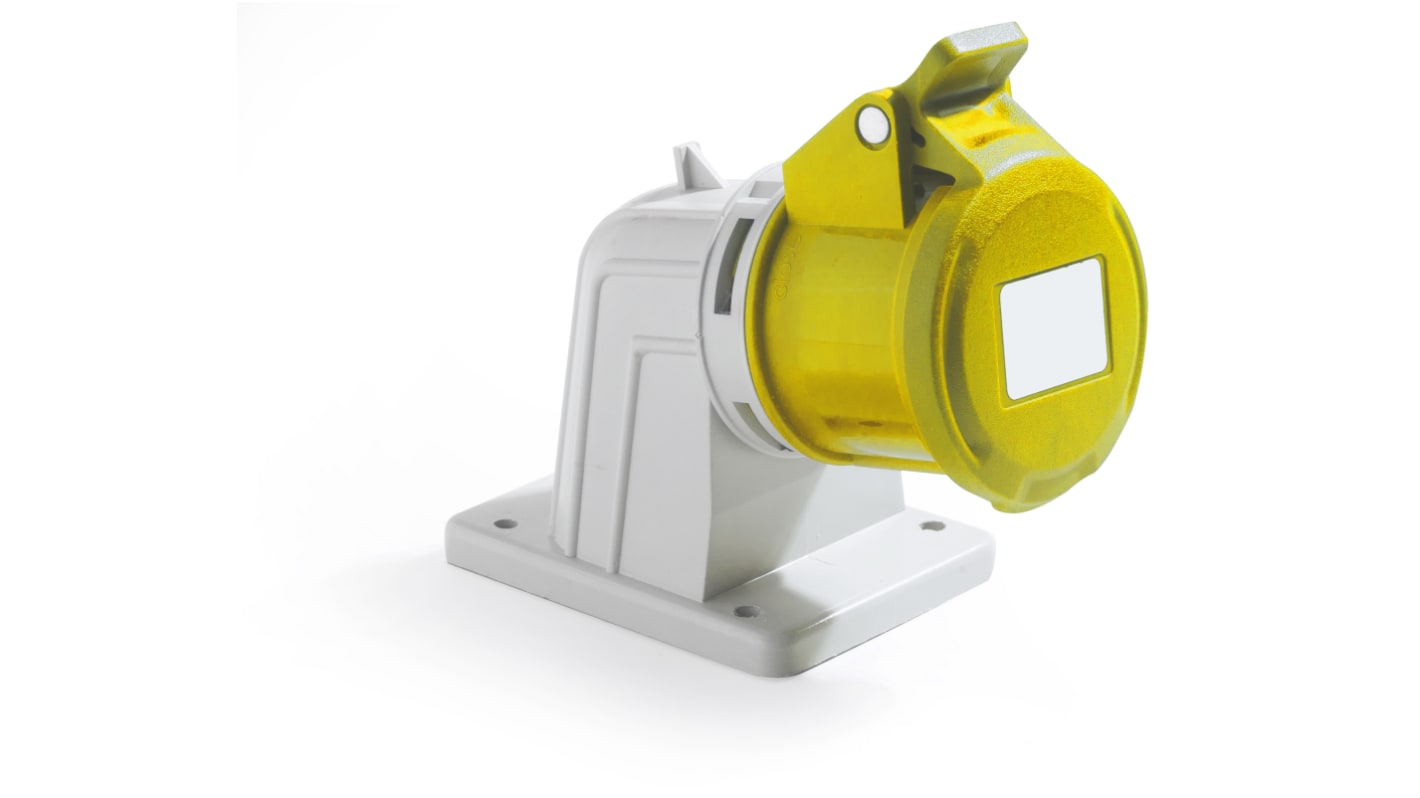 RS PRO IP44 Yellow Panel Mount 2P + E Industrial Power Socket, Rated At 32A, 100 → 130 V