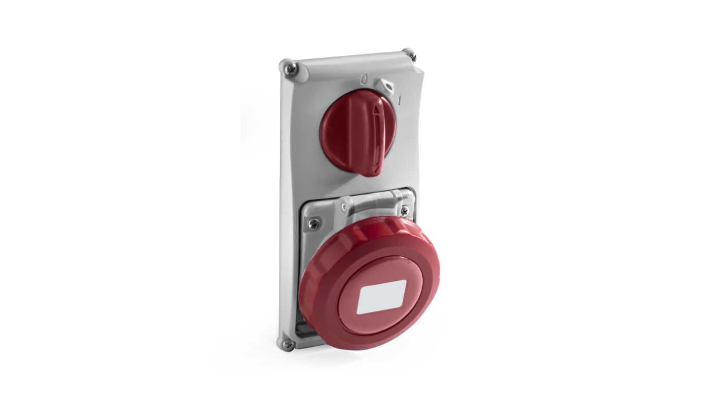 RS PRO IP67 Red Panel Mount 3P + N + E Vertical Industrial Power Socket, Rated At 32A, 400 V