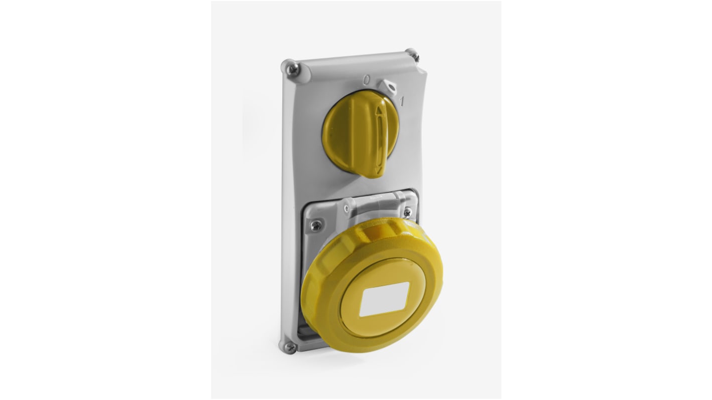 RS PRO IP67 Yellow Panel Mount 2P + T Vertical Industrial Power Socket, Rated At 16A, 110 V