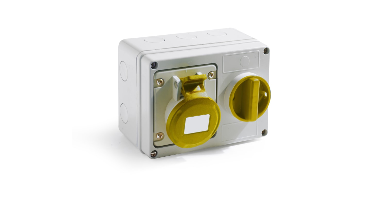 RS PRO IP44 Yellow Wall Mount 2P + E Horizontal Industrial Power Socket, Rated At 16A, 110 V