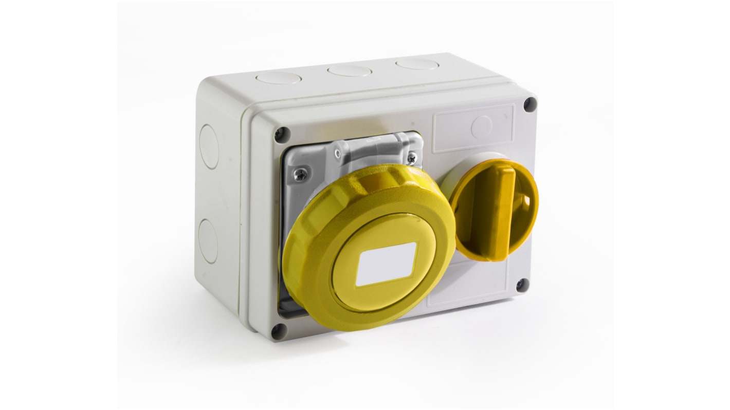 RS PRO IP67 Yellow Wall Mount 2P + E Horizontal Industrial Power Socket, Rated At 16A, 110 V