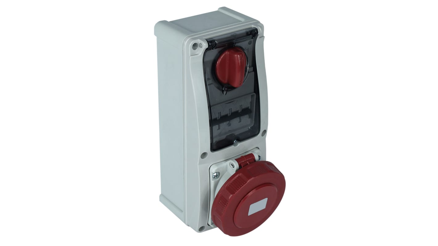 RS PRO IP44 Red Wall Mount 3P + N + E Vertical Industrial Power Socket, Rated At 63A, 400 V