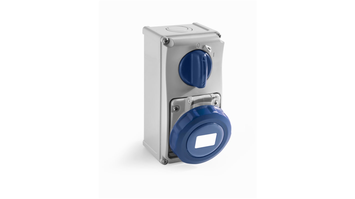 RS PRO IP67 Blue Wall Mount 2P + E Vertical Industrial Power Socket, Rated At 16A, 230 V