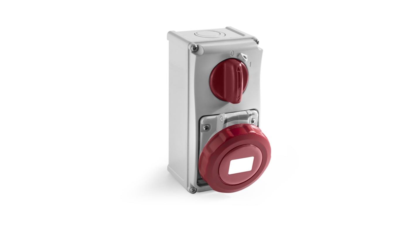 RS PRO IP67 Red Wall Mount 3P + N + E Vertical Industrial Power Socket ...