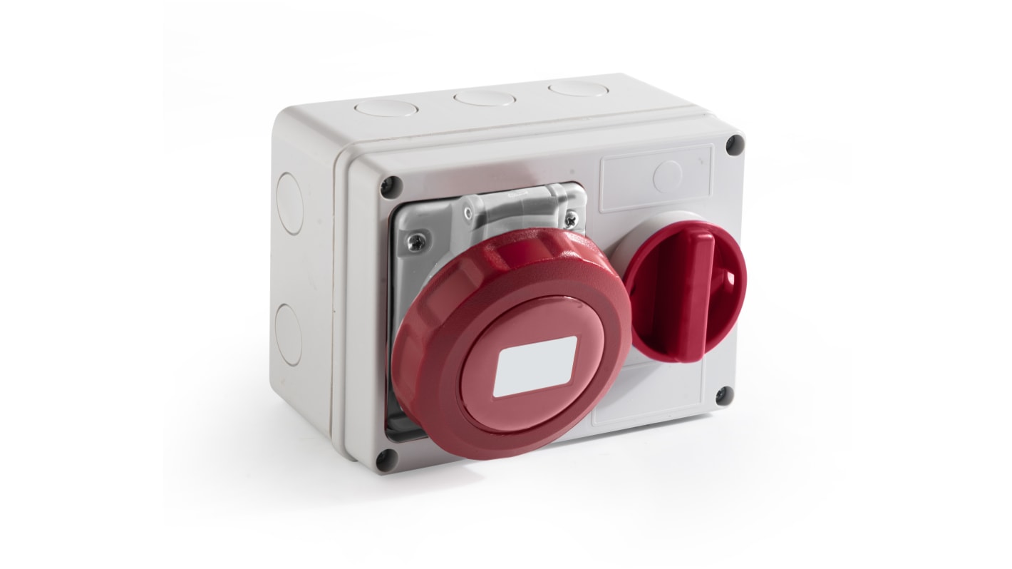 RS PRO IP67 Red Wall Mount 3P + N + E Horizontal Industrial Power Socket, Rated At 32A, 400 V