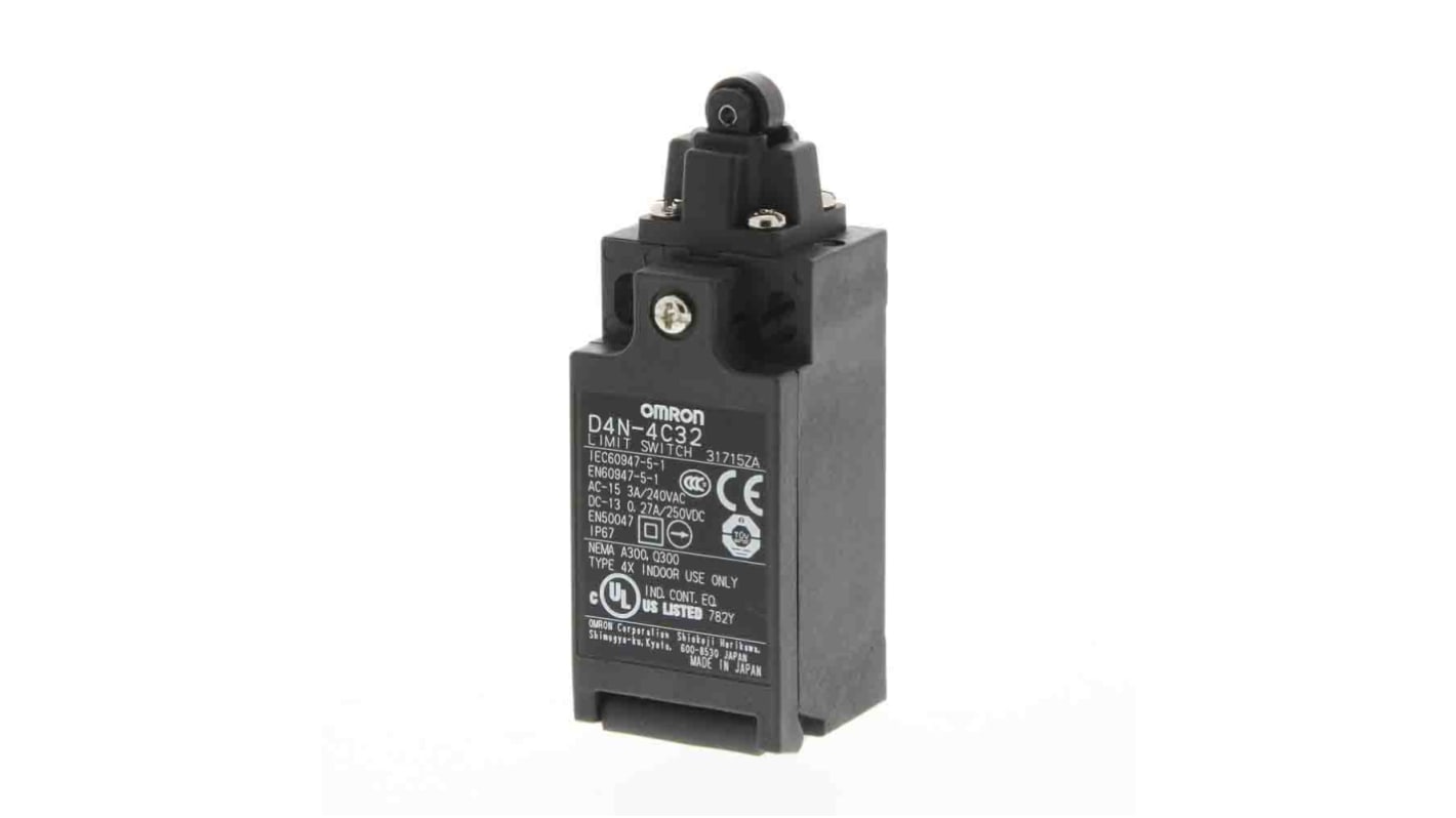 Omron Roller Plunger Limit Switch, 2NC/1NO, IP67, DPST, Metal Housing, 240V ac Max, 10A Max