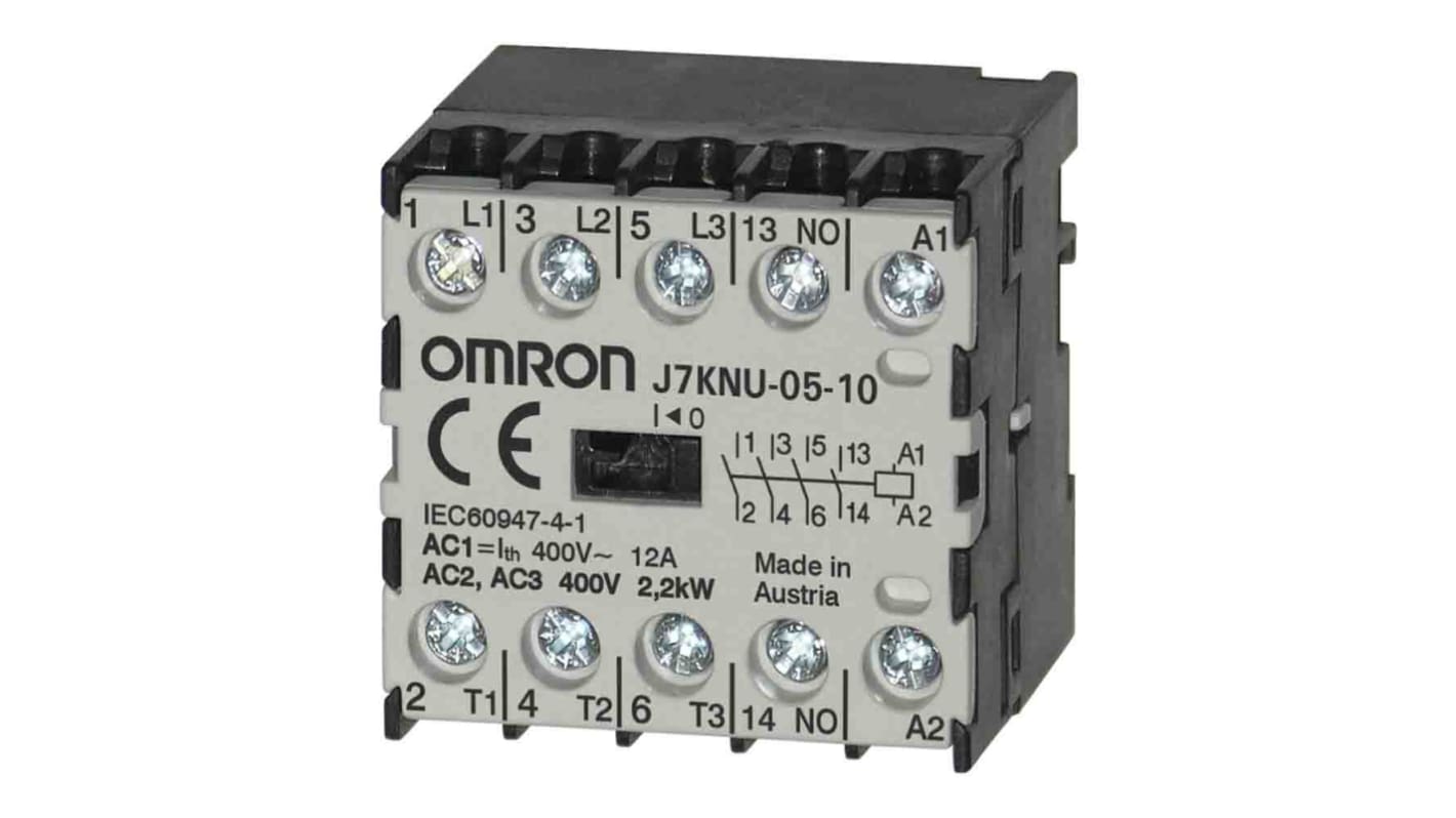 Omron Contactor, 110 VAC Coil, 3-Pole, 5 A, 2.2 kW, 3NC + 1NO